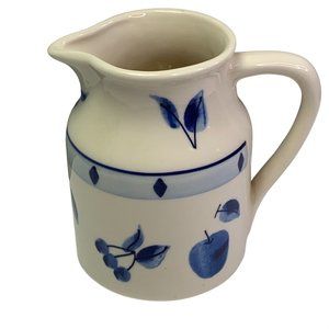 Vintage Stoneware Pottery Pitcher Blue Beige Fruit Cherries Apples Grapes 8 in